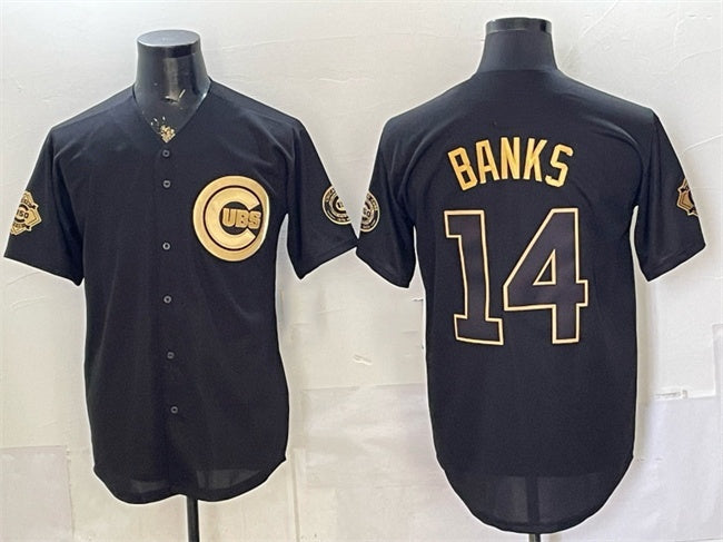 Chicago Cubs #14 Ernie Banks Black Gold 150th Anniversary Patch Stitched Jersey