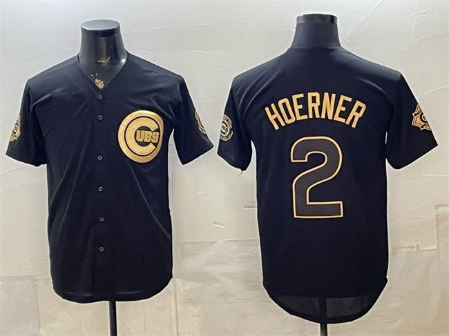 Chicago Cubs #2 Nico Hoerner Black Gold 150th Anniversary Patch Stitched Jersey