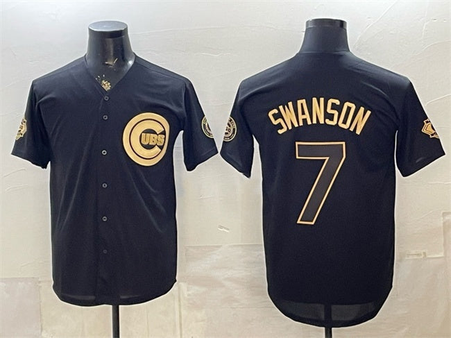 Chicago Cubs #7 Dansby Swanson Black Gold 150th Anniversary Patch Stitched Jersey