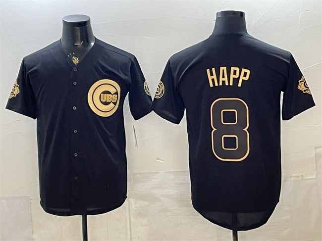 Chicago Cubs #8 lan Happ Black Gold 150th Anniversary Patch Stitched Jersey