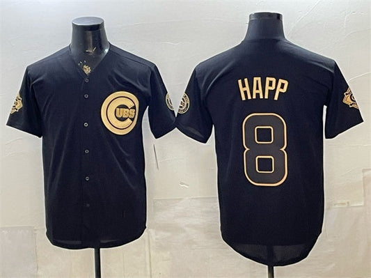 Chicago Cubs #8 lan Happ Black Gold 150th Anniversary Patch Stitched Jersey