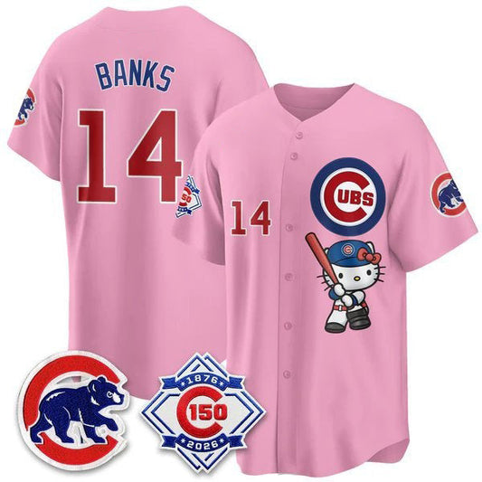 Chicago Cubs #14 Ernie Banks Pink Puhics Meow KT All Stitched Jersey