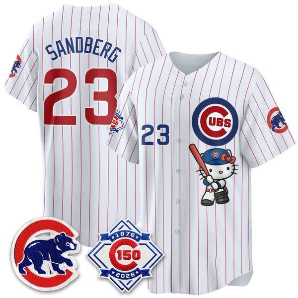 Chicago Cubs #23 Ryne Sandberg Pinstripe Pink Puhics Meow KT All Stitched Jersey