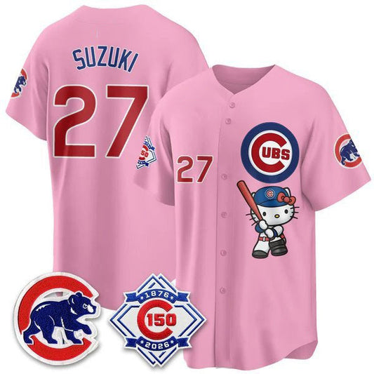 Chicago Cubs #27 Seiya Suzuki Pink Puhics Meow KT All Stitched Jersey