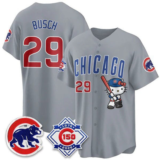 Chicago Cubs #29 Michael Busch Gray Puhics Meow KT All Stitched Jersey