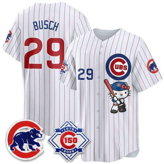 Chicago Cubs #29 Michael Busch Pinstripe Pink Puhics Meow KT All Stitched Jersey