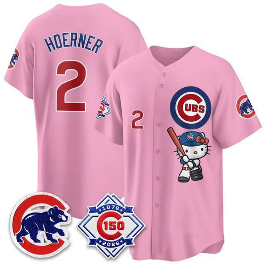 Chicago Cubs #2 Nico Hoerner Pink Puhics Meow KT All Stitched Jersey