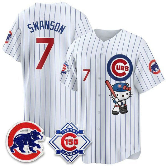 Chicago Cubs #7 Dansby Swanson Pinstripe White Puhics Meow KT All Stitched Jersey