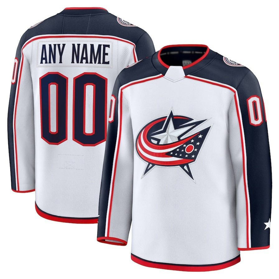 Custom C.Blue Jackets Fanatics Away Premium Jersey - White Stitched American Hockey Jerseys