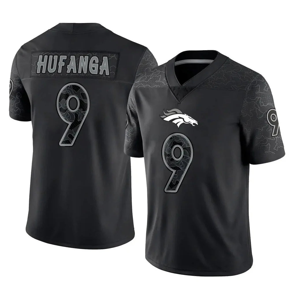 D.Broncos #9 Talanoa Hufanga Black Reflective Limited Football Jersey