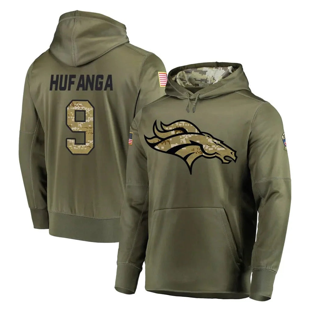 D.Broncos #9 Talanoa Hufanga Olive Salute to Service Pullover Hoodies Football Jersey