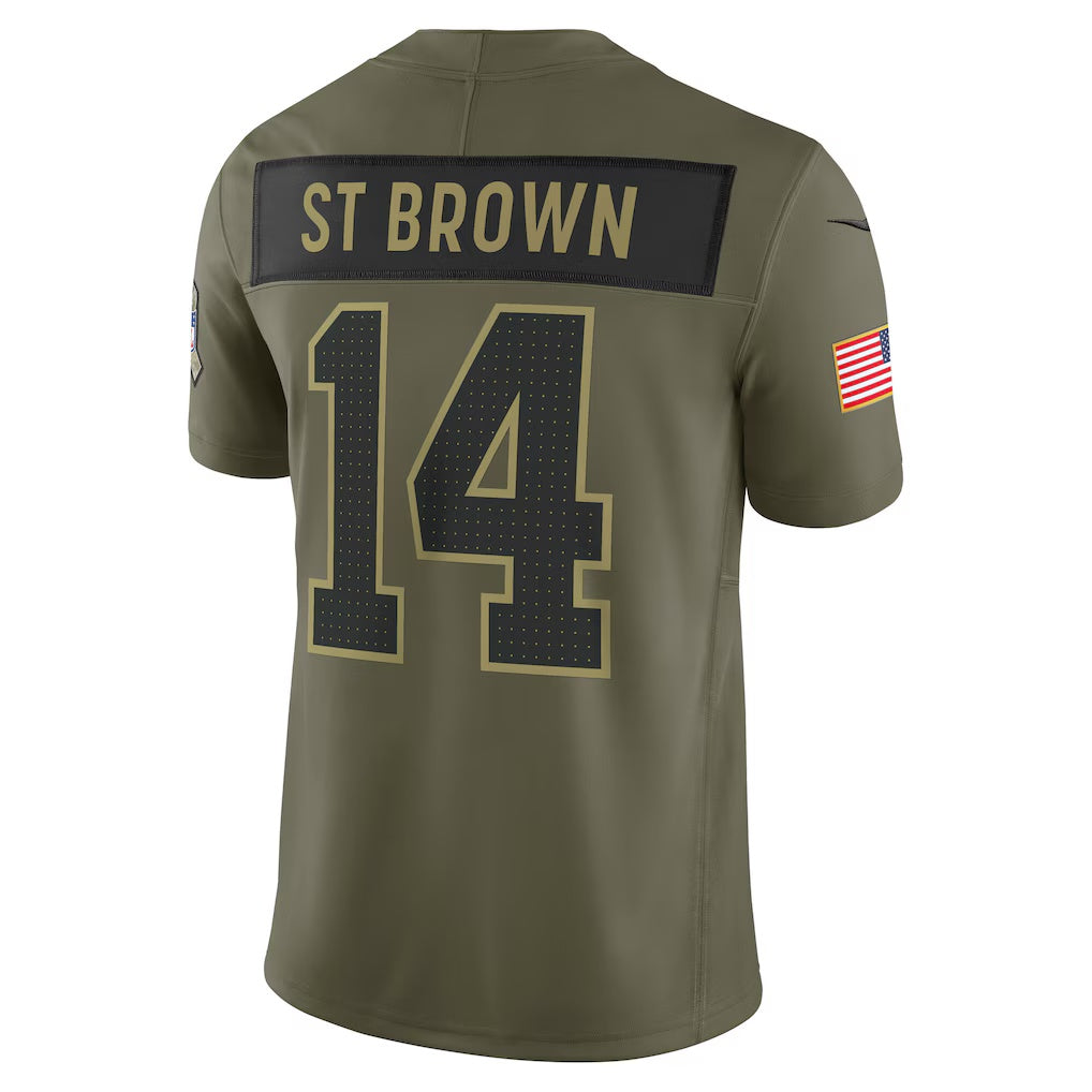 D.Lions #14 Amon-Ra St. Brown Olive 2025 Salute to Service Limited American Football Jersey