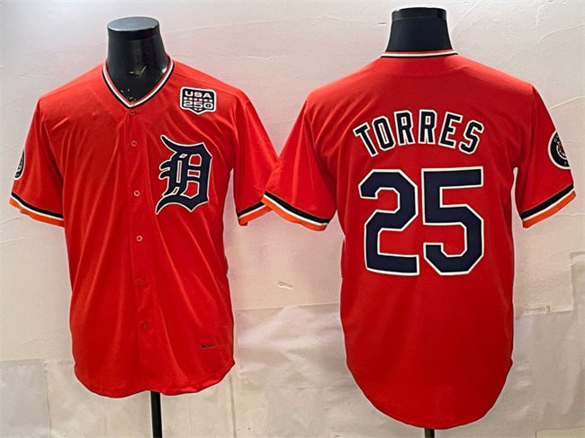 Detroit Tigers #25 Gleyber Torres Orange 2026 Alternate USA 250' Patch Vapor Premier Limited Stitched Baseball Jersey