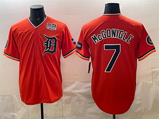 Detroit Tigers #7 Kevin McGonigle Orange 2026 Alternate With Meijer Patch & USA 250' Patch Vapor Premier Limited Stitched Baseball Jersey