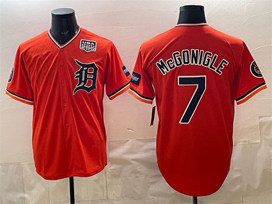Detroit Tigers #7 Kevin McGonigle Orange 2026 Alternate With Meijer Patch & USA 250' Patch Vapor Premier Limited Stitched Baseball Jersey