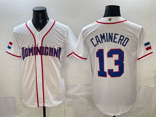 Dominican Republic Baseball #13 Junior Caminero White 2026 World Baseball Classic Home Stadium Stitched Baseball Jersey