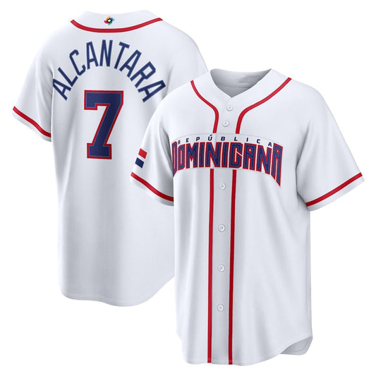 Dominican Republic Baseball #7 Sandy Alcantara 2026 World Baseball Classic Home Stadium - White Baseball Jersey Puhics