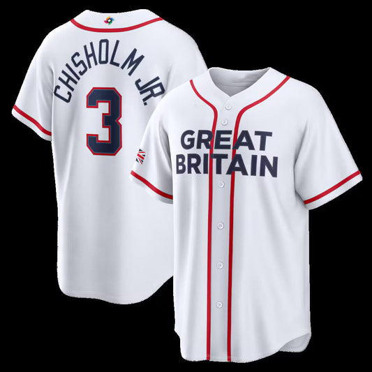Great Britain Baseball #3 Jazz Chisholm Jr. 2026 World Baseball Classic Home Stadium Jersey - White Baseball Jersey Puhics
