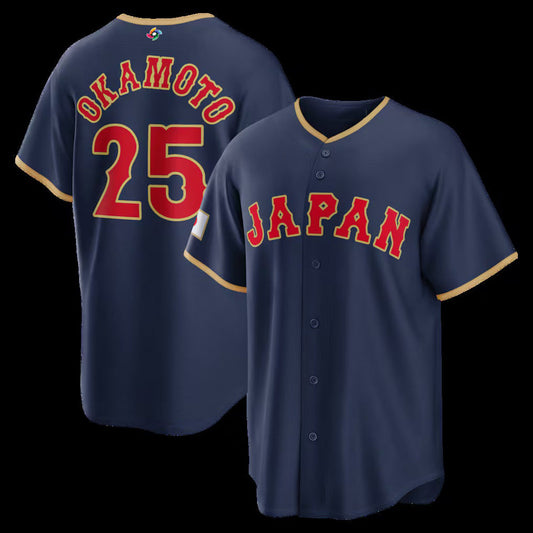 Japan Baseball #25 Kazuma Okamoto 2026 World Baseball Classic Road Stadium Jersey - Navy Baseball Jersey Puhics