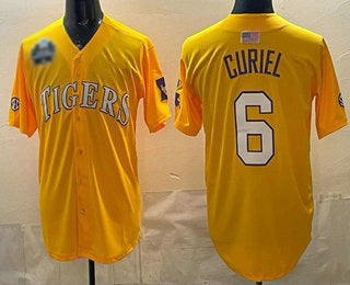 L.Tigers #6 Derek Curiel Gold 2025 World Series SEC Patch Stitched Baseball American College Jerseys