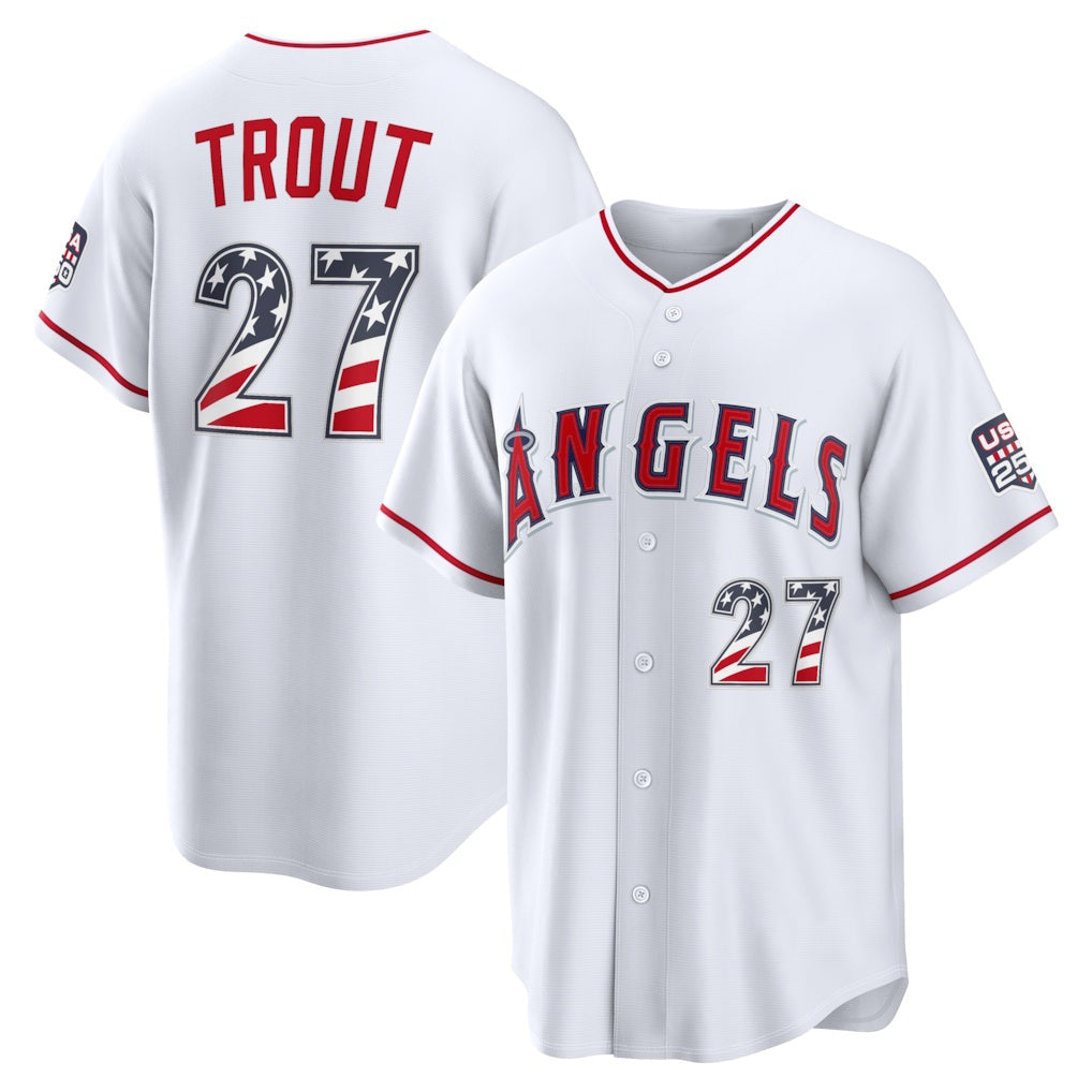 Los Angeles Angels #27 Mike Trout White USA 250 Fourth of July Home Stadium Jersey