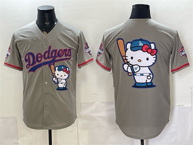 Los Angeles Dodgers Team Big Logo Grey Hello Kitty Night 2025 World Series Champions Patch Stitched Jersey