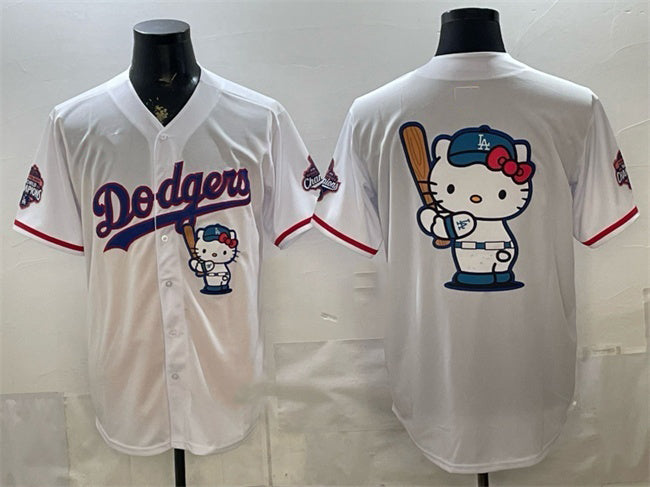 Los Angeles Dodgers Team Big Logo White Hello Kitty Night 2025 World Series Champions Patch Stitched Jersey