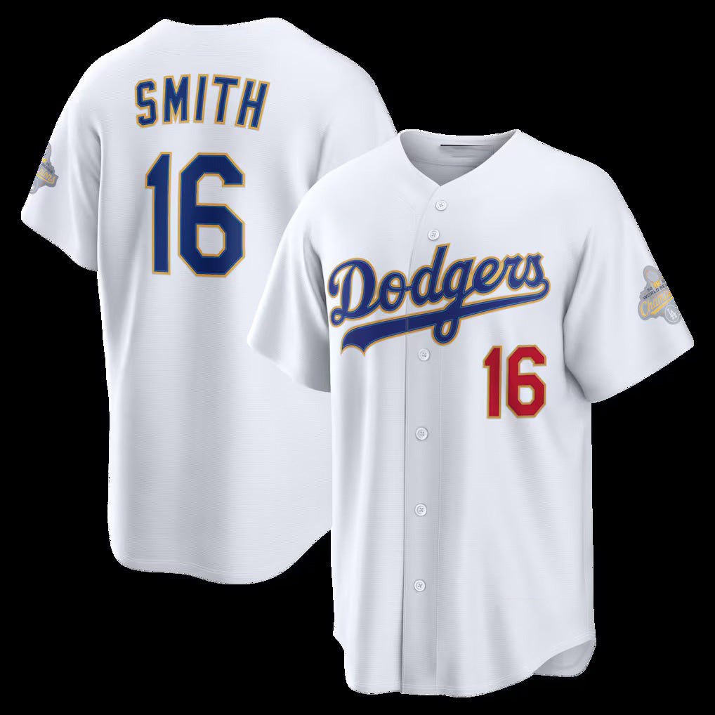 Los Angeles Dodgers #16 Will Smith White 2026 Gold Collection Stadium Stitched Baseball Jersey