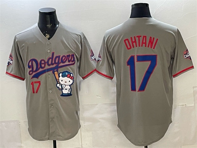 Los Angeles Dodgers #17 Shohei Ohtani Grey Hello Kitty Night 2025 World Series Champions Patch Stitched Jersey