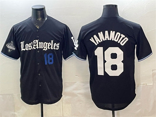 Los Angeles Dodgers #18 Yoshinobu Yamamoto Black 2025 World Series Champions Patch 'Gothic Edition' Vapor Premier Limited Stitched Baseball Jersey