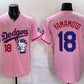 Los Angeles Dodgers #18 Yoshinobu Yamamoto Pink Hello Kitty Night 2025 World Series Champions Patch Stitched Jersey