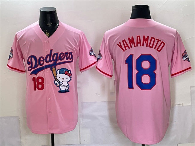 Los Angeles Dodgers #18 Yoshinobu Yamamoto Pink Hello Kitty Night 2025 World Series Champions Patch Stitched Jersey