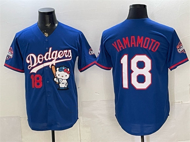 Los Angeles Dodgers #18 Yoshinobu Yamamoto Royal Hello Kitty Night 2025 World Series Champions Patch Stitched Jersey