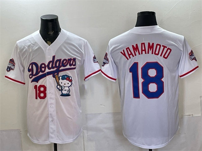 Los Angeles Dodgers #18 Yoshinobu Yamamoto White Hello Kitty Night 2025 World Series Champions Patch Stitched Jersey