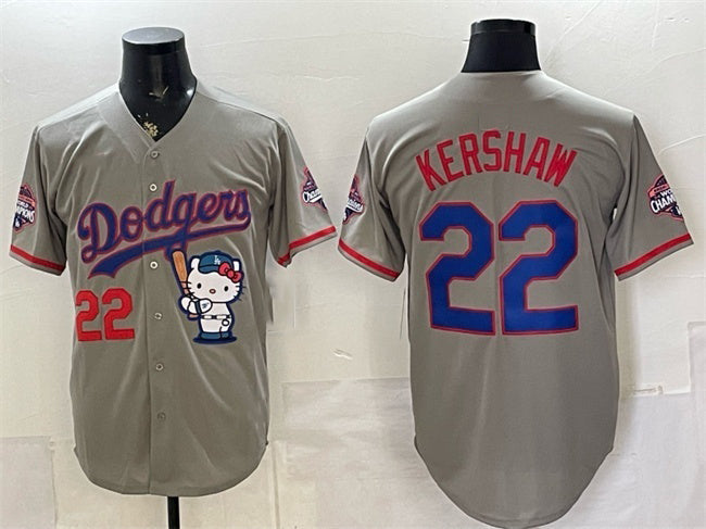 Los Angeles Dodgers #22 Clayton Kershaw Grey Hello Kitty Night 2025 World Series Champions Patch Stitched Jersey