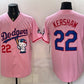 Los Angeles Dodgers #22 Clayton Kershaw Pink Hello Kitty Night 2025 World Series Champions Patch Stitched Jersey