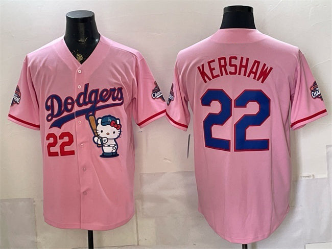 Los Angeles Dodgers #22 Clayton Kershaw Pink Hello Kitty Night 2025 World Series Champions Patch Stitched Jersey