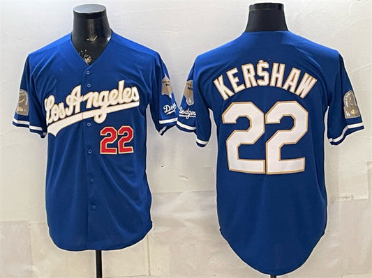 Los Angeles Dodgers #22 Clayton Kershaw Royal 2026 Gold Collection 9x & B2B Champs Patch Stitched Baseball Jersey