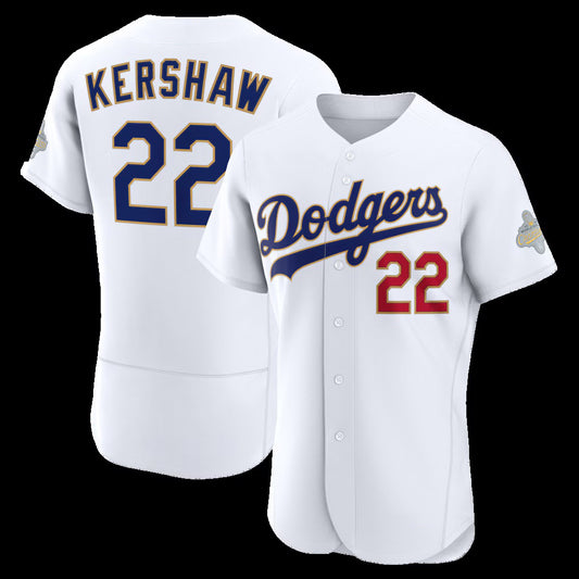 Los Angeles Dodgers #22 Clayton Kershaw White 2026 Gold Collection Authentic White 2026 Gold Collection Stadium Stitched Baseball Jersey