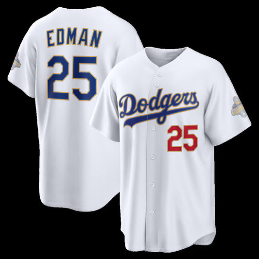Los Angeles Dodgers #25 Tommy Edman White 2026 Gold Collection Stadium Stitched Baseball Jersey