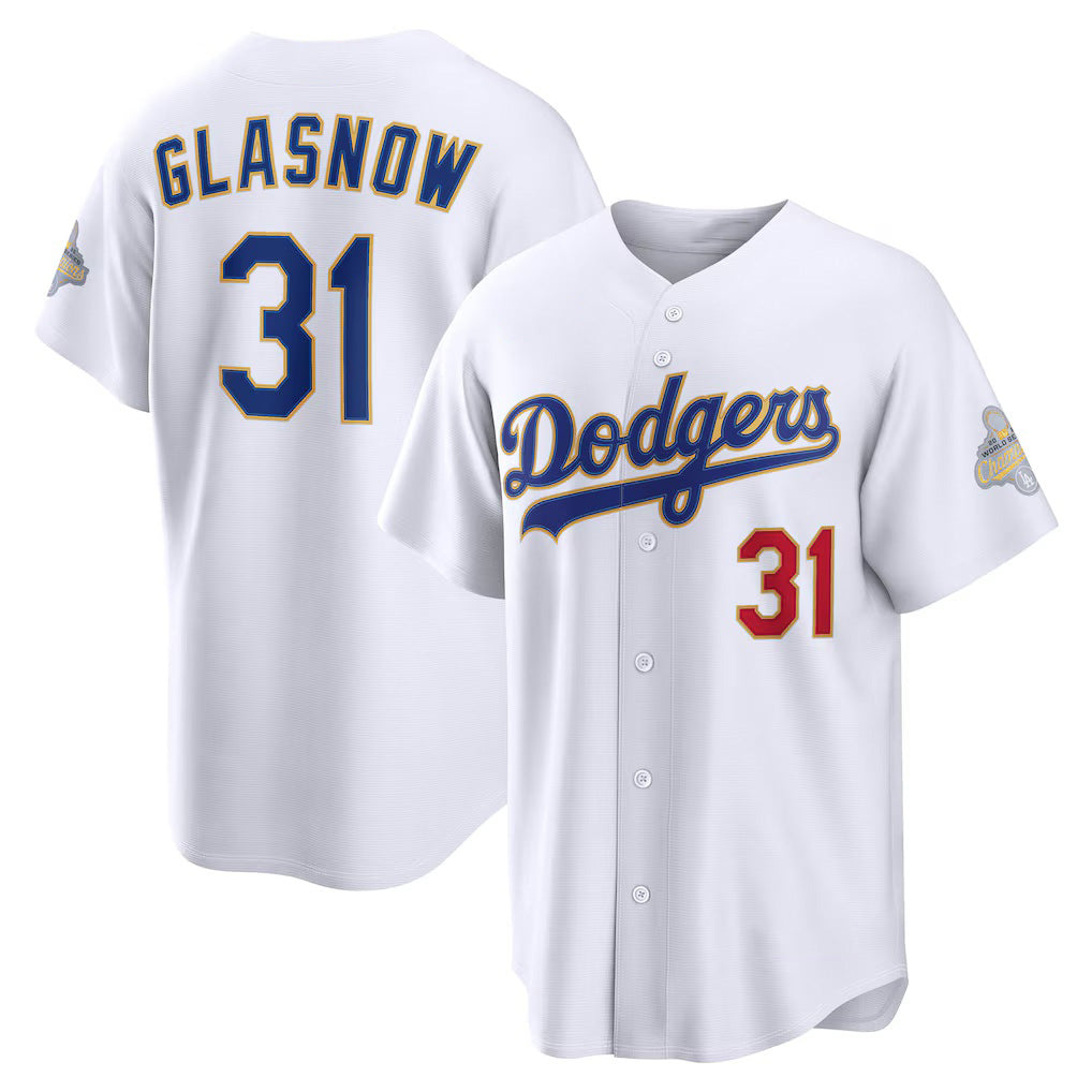 Los Angeles Dodgers #31 Tyler Glasnow White 2026 Gold Collection Stadium Stitched Baseball Jersey