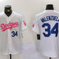 Los Angeles Dodgers #34 Fernando Valenzuela White Pink Vin & Kobe Patch Stitched Baseball Jersey
