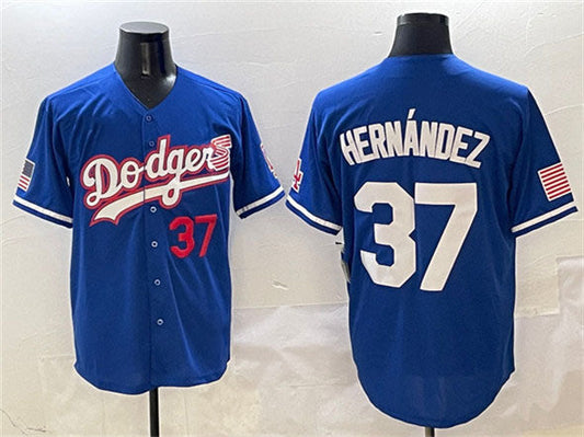 Los Angeles Dodgers #37 Teoscar Hernández Royal With American Flag Patch Limited Stitched Baseball Jersey