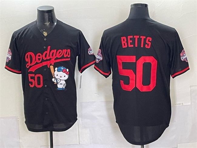 Los Angeles Dodgers #50 Mookie Betts Black Hello Kitty Night 2025 World Series Champions Patch Stitched Jersey
