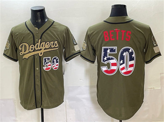 Los Angeles Dodgers #50 Mookie Betts Olive 2026 Armed Forces Day 250 Fourth of July Stitched Baseball Jersey