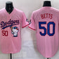 Los Angeles Dodgers #50 Mookie Betts Pink Hello Kitty Night 2025 World Series Champions Patch Stitched Jersey