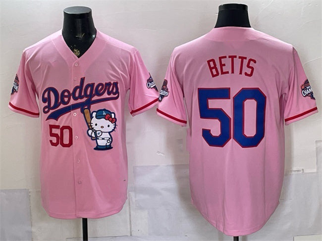 Los Angeles Dodgers #50 Mookie Betts Pink Hello Kitty Night 2025 World Series Champions Patch Stitched Jersey