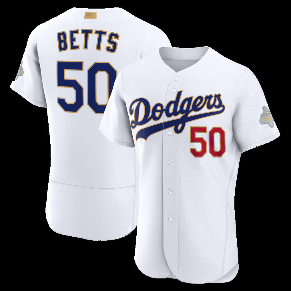 Los Angeles Dodgers #50 Mookie Betts White 2026 Gold Collection Authentic Stitched Baseball Jersey