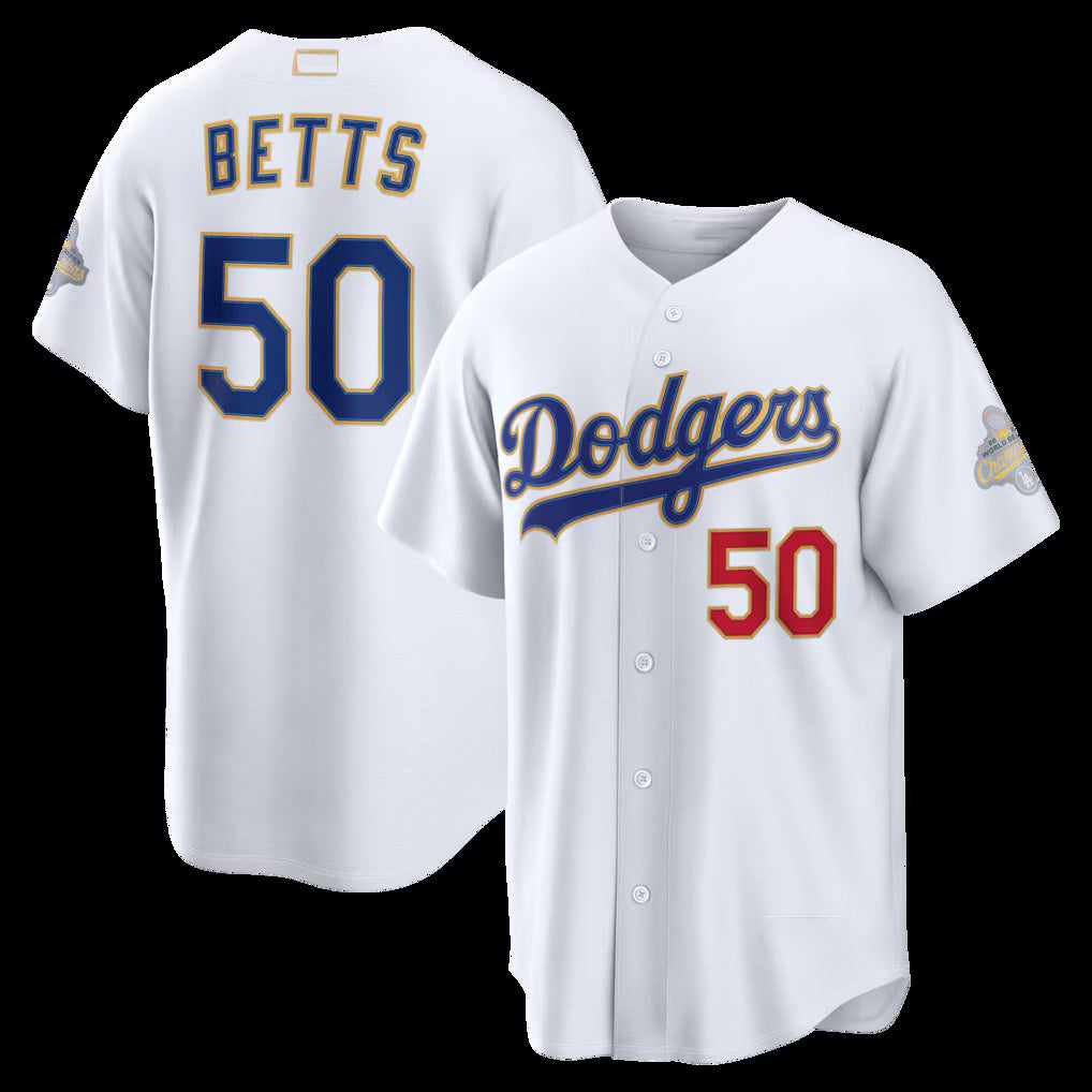 Los Angeles Dodgers #50 Mookie Betts White 2026 Gold Collection Stadium Stitched Baseball Jersey