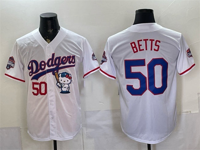 Los Angeles Dodgers #50 Mookie Betts White Hello Kitty Night 2025 World Series Champions Patch Stitched Jersey